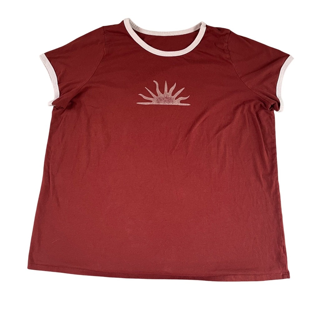 Vtg Grunge Classic Retro Ringer T-Shirt XL 80s 90s Deadstock Sun Brick Red *READ